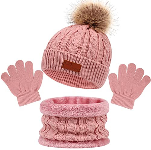 3in1 Winter Beanie Hut, Schal, Handschuhe Set,Kinder Wintermütze Schal Handschuhe Mädchen Set, Baby Mütze Warme Winter Beanie Hut Jungen Handschuhe Runder Schal Set für Kinder 1-5 Jahre Alt (Rosa)