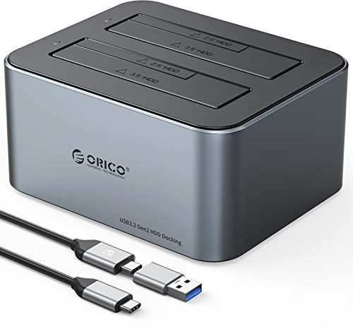 ORICO Aluminium Dual Festplatten Dockingstation, USB 3.2 Gen 2 Docking Station für SATA 2,5/ 3,5 Zoll SSD/HDD, 2 Einschüben, 12V 3A Netzteil, Unterstützt 2* 18 TB, Werkzeuglose(6626C3)