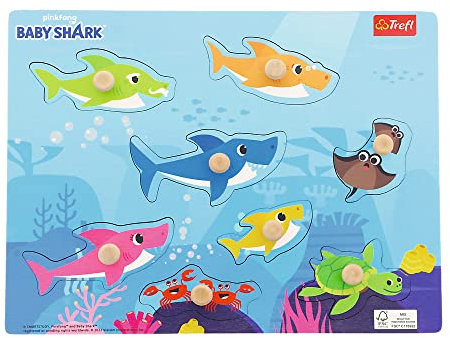 Trefl - Puzzle Baby Shark, Wooden Toys - Holzspielzeug, Formpuzzle für Kleinkinder, Naturholzspielzeug, Bio Spielzeug für Jahre mit Helden Märchen, für Kinder 18 Monate