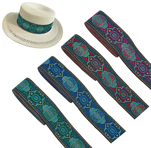 FINGERINSPIRE 4 Stück Vintage Jacquard Band (Insgesamt 14m, 33mm) Metallic Palmetten Gewebtes Band Floral Besticktes Jacquardband Ethno Jacquardband Ribbon Kleidungsaccessoires (Grün Blau Pink Rot)