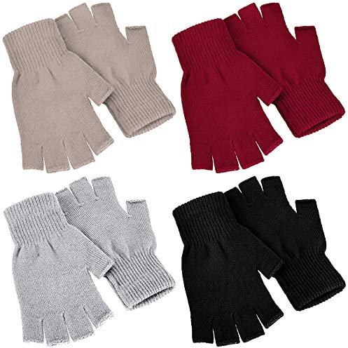 Nuanchu 4 Paar Winter Halbfinger Handschuhe Strick Fingerlose Fäustlinge für Herren Damen (Schwarz, Rot, Khaki, Hellgrau)