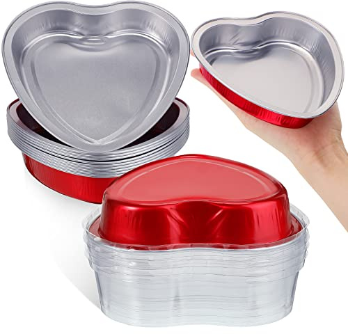 Nuogo Mother's Day 5 Aluminum Foil Heart Shaped Cake Pans with Clear Lids 225 Ml/ 7.92 oz Heart Cake Pan Disposable Baking Cupcake Mini Containers for Food Party(40 Sets)