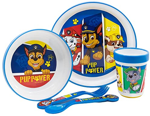 Paw Patrol Kindergeschirr, wiederverwendbar, rutschfest, mit zweifarbigem Silikonboden, bestehend aus Teller, Schüssel, Becher und Besteck