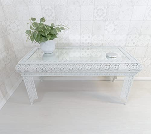 DOWNTON INTERIORS White Moroccan Style Embossed Metal Mirrored Glass Coffee Table (GZ446) Part of the AGADIR Collection