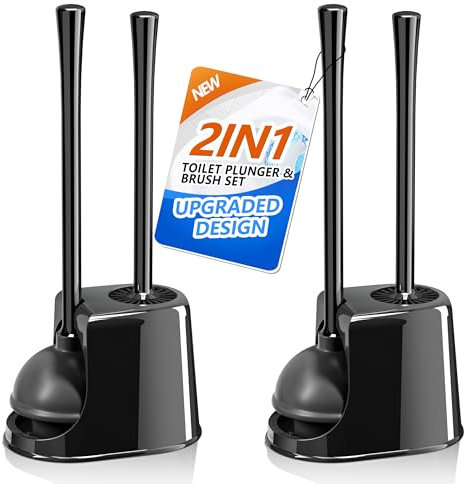 Toilet Plunger and Brush Set, Toilet Brush and Plunger with Ventilated Holder, 2-in-1 Bathroom Cleaning Combo with Caddy Stand(2 Pack, Black)