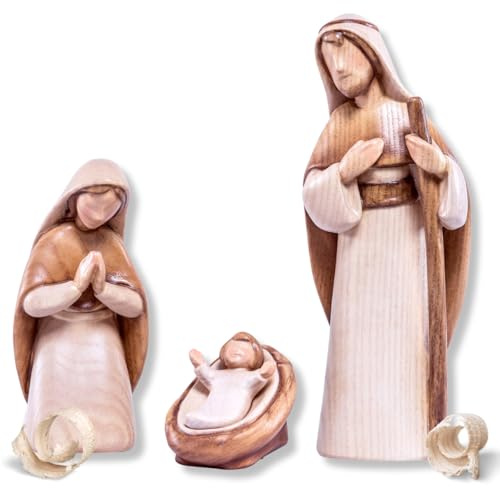 Akantus Moderne Krippenfiguren aus Holz: Heilige Familie (gebeizt) (10 cm)