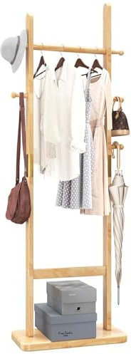 Aibiju Garderobenständer 180 cm mit Rechteckigem Sockel und 5 Haken Kleiderständer zum Aufhängen von Mänteln, Kleidung, Anzügen, Jacken, Einfach zu Montieren und Stabilem, Natürliche Holzfarbe YD-202