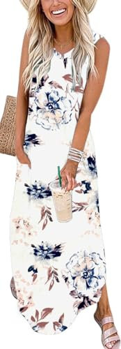 WNEEDU Damen Maxi Sommer Kleider Lang Strandkleider Ärmellos V-Ausschnitt Freizeitkleid A-Linie Shirtkleider mit Taschen,Blumenweiß XL