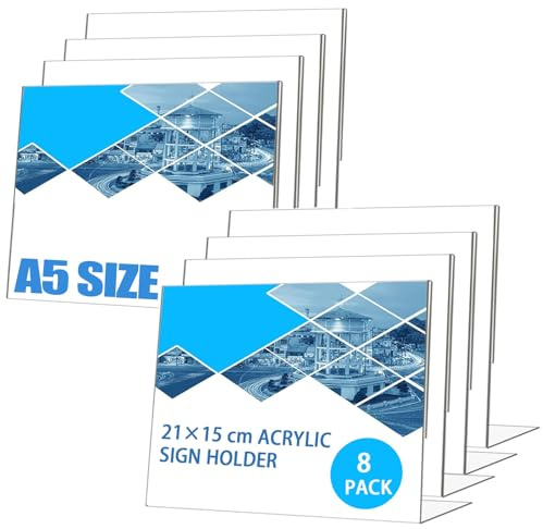 MUXHEL 8PCS A5 Acrylic Sign Holder 21x15cm A5 Display Stand Landscape Menu Holder L-Shaped A5 Sign Holder for Home Office Store Restaurant Hotel Counter