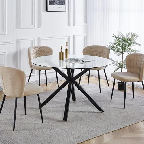 Mobilier-Deco Porto - Table à Manger Ronde en Verre Pieds Central en métal Noir
