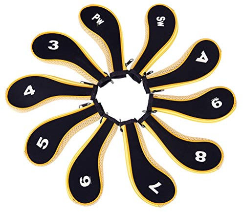 10pcs/set Golf Iron Head Covers, Soft and Waterproof Zipper Club Covers for Golfing and Traveling (Yellow)