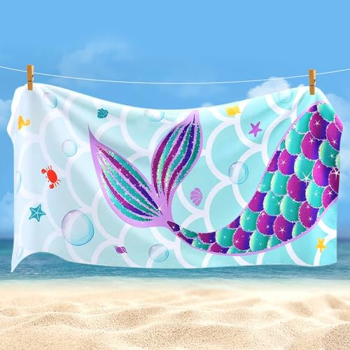 Funmo Meerjungfrau Strandtuch, 70 x 150 cm Mikrofaser Stranddecke, Kinderschnelltrocknendes Badetuch, leichtes und dünnes tragbares Saunahandtuch, schwimmendes Duschtuch für Mädchen