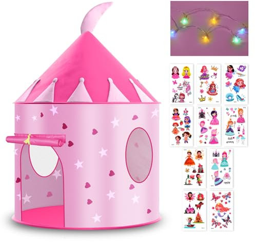 HOTUT Tente de Jeu Enfant, Tente Château de Princesse, Tente Pop-Up Portable pour Enfants, Tipi Portable avec Guirlandes Lumineuses, pour Garçons et Filles, Jouet de Jardin Intérieure et Extérieure
