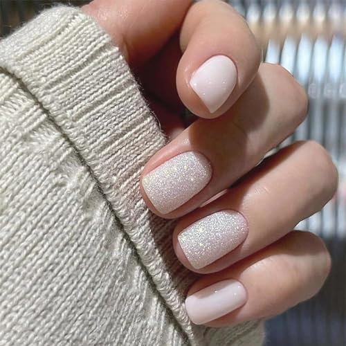 Vanpiece French False Nails Short, Nude Pink Full Cover Fake Nails Artificial Square Press on Nails, French Tip Short Square, Acrylic Fake Nails with Glitter Design for Women and Girls Nail Art