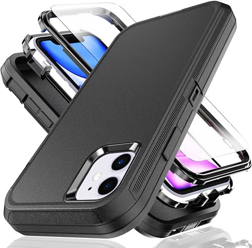 YmhxcY for iPhone 11 Case 6.1-Inch with Explosion-Proof Screen Protector,3 in 1 Shockproof TPU Hard PC Bumper Drop-Proof Shell for iPhone 11-Black