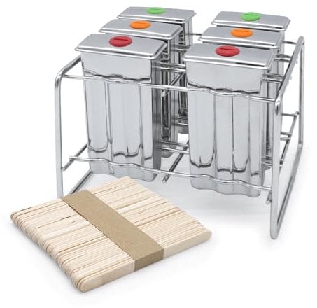 Lot de 6 moules à glace réutilisables en acier inoxydable avec 50 bâtonnets de glace en bois - Moule à popsicle avec support en métal pour glace sur bâtonnets - Moule à glace à l'eau DIY - Passe au