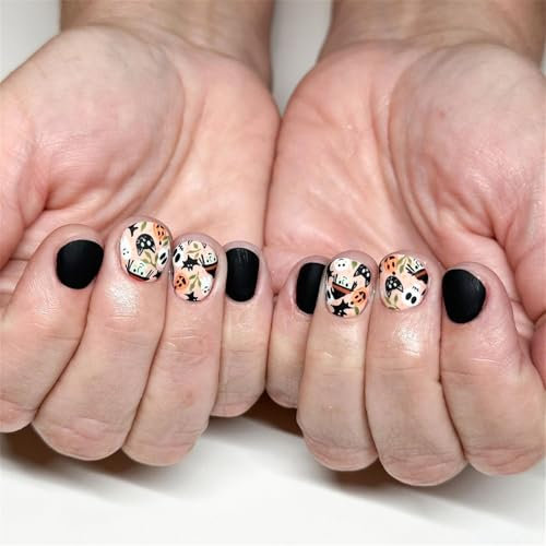 French False Nails Short - 24Pcs Press on Nails with Cat Scarecrow Pumpkin Pattern - Black Cute Fake Nails Short with Nail Glue - Stick on Nails for Women - for Halloween Party and Thanksgiving Day
