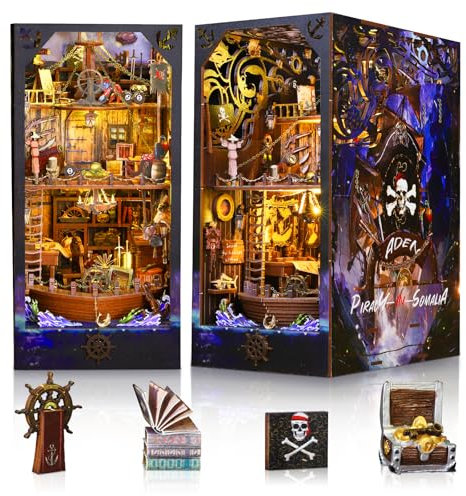 Aoykkii Book Nook DIY Kit,EIN Piratenschiff DIY Puppenhäuser Miniatur Haus Kit mit LED-Licht,3D Puzzle Buchstützen aus Holz