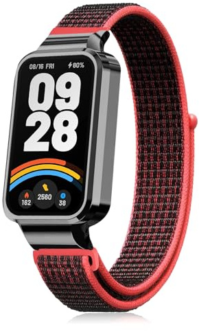 PaceBid Nylon Armband für Xiaomi Smart Band 9 Active/Redmi Smart Band 3 | für Xiaomi Mi Band 9 Active, Elastisches Sport Uhrarmband mit Schutzrahmen, Aatmungsaktive Nylon Ersatzarmband - Schwarz/Rot