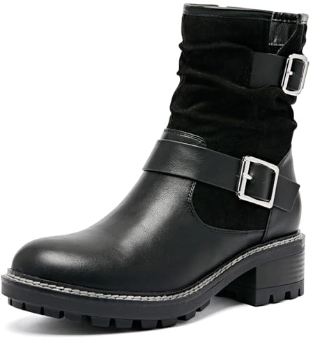 Ruiee Women's Ankle Boots Slouchy Flat Ladies Booties Low Chunky Heeled Riding Combat Boot Comfortable Casual Round Toe Short Boots for Women.