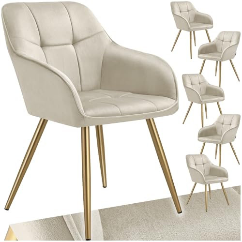 tectake® Samt Stuhl, Esszimmerstuhl mit Stepp Samtstoff, Küchenstühle modern, gemütlicher Sessel Wohnzimmer, Armlehnstuhl Esszimmer, Dining Lounge, Schminktisch Stuhl - Creme/Gold, 6er Set