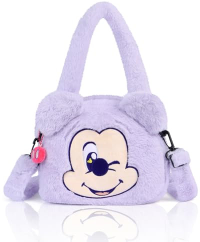 MINISO Mickey Mouse Schultertasche für Damen, Disney Handtasche Mittelgroß lila, Mickey Mouse Plüsch Handtasche mit Verstellbarer Schultergurt und Reißverschluss, Cute Cartoon Schultertasche Mädchen