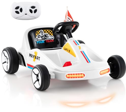 GYMAX 12V Electric Go Kart, Kids Battery Powered Car with Remote Control, Music, Story, Flags, Wireless Connection & Slow Start, Children Ride on Racing Go Kart for 3 Years Old+ Boys Girls (White)