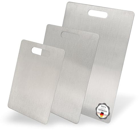 Edelstahl Schneidebrett - Für Fleisch, Fisch & Gemüse - Hygienisches Schneidbrett Metall - Stahl Brettchen Küche Plastikfrei - Küchenbrett (Mit Griff rund, 3er Set)