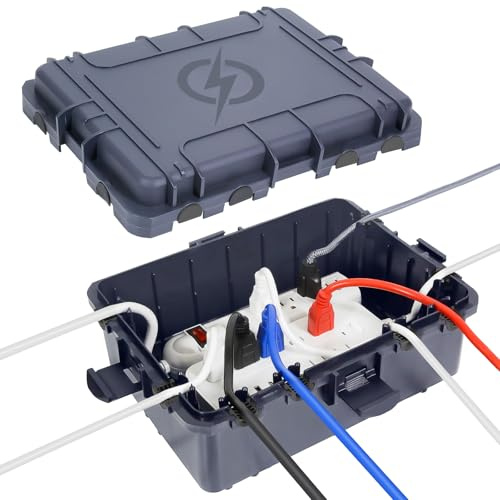 Große wasserdichte Kabelbox für den Außenbereich, wetterfeste Außensteckdose, IP54-geschützte Steckdosenleiste, Timer-Steckdose, Außenstecker, Verlängerungskabel (31 x 23 x 13 cm) - Schiefergrau