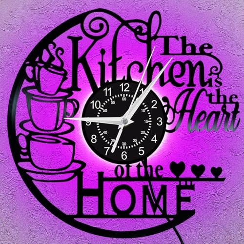 Vintage Vinyl Record Wall Clock, Unique Silent Kitchen Heart of Home Theme Clock, Coffee Bar Decor, Kitchen Living Room Decor, Christmas Valentine'S Day, New Year Gift for Women Wife (With LED, C)