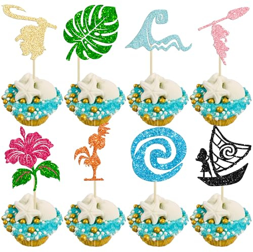 Ephlyn 32Pcs Moana Inspired Cupcake Toppers Glitter Palm Leaf Flower Cupcake Picks Tropical Hawaiian Luau Theme Cake Decorations for Baby Shower Birthday Party Cake Supplies Multi