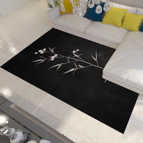 UERWOWELL Moderner botanischer Teppich für die Wohnzimmerdekoration Leicht zu reinigende und schmutzabweisende Teppiche mit Rutschfester Bodenmatte für den täglichen Gebrauch schwarz 90x180cm