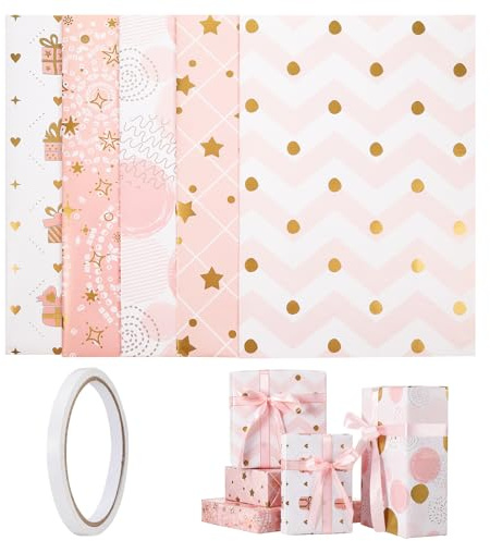 Geschenkpapier, Kupferplatte, Geschenkpapier für Partys, Geburtstage, Feiertage, Hochzeiten und Jubiläen, 70 x 50 cm, Rosa, 5 Stück