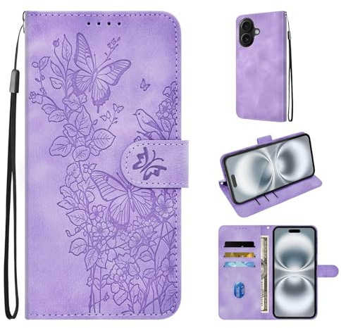 JRIANY Case for iPhone 16, PU Leather Wallet Case with Card Holder Pattern Butterfly Design Phone Case Shockproof Protective Cover Flip Case Compatible with iPhone 16 - Purple