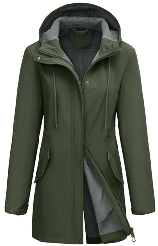 CMTOP Veste Imperméable Femme Chaude Léger Manteau de Pluie Mi-long Coupe-vent Parka Trench Coat Décontractée d'Extérieur Printemps Automne Blousons pour Camping Randonnée(Vert, M)