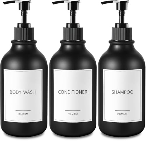 GMISUN Shampoo and Conditioner Bottles, Plastic Black Shampoo Dispenser | 3 Pcs 500ml Bathroom Pump Bottle Dispenser, Modern Shower Bottles, Refillable Shampoo Conditioner Body Wash Dispenser