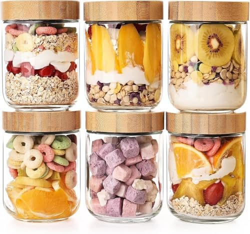 16oz Overnight Oats Containers with Bamboo Lids, 6 Pack Glass Jars with Airtight Lids, Wide Mouth Mason Jars, Glass Oatmeal Container Containers for Sugar, Salad, Yogurt, Chia Pudding, Breakfast