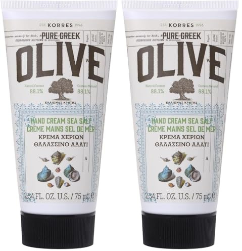 KORRES Olive Sea Salt Handcreme, mit pflegendem Olivenöl, zarter Meersalz-Duft, feuchtigkeitsspendend & nicht fettend, vegan, 75 ml (Packung mit 2)