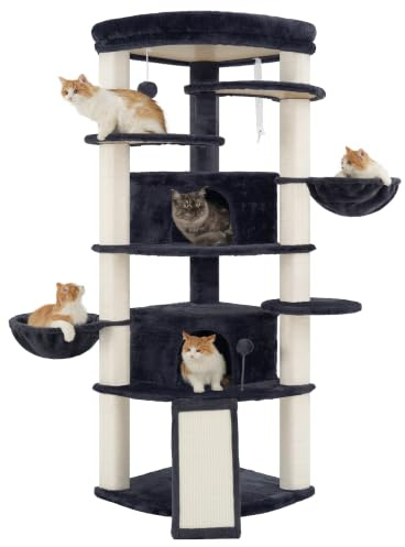 Gitelsnour Corner Cat Tree for Indoor Cats, Cat Tower with All Sisal Scratching Posts, Multi-level Cat Condo wth 2 Large Cat Caves, Big Top Perch, 2 Hanging Baskets, Sisal Ramp, Drak Gray GCT035G