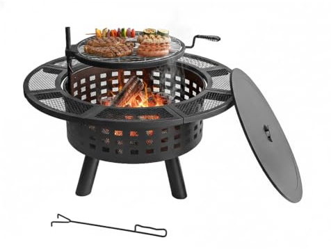 Relaxdays Feuerschale, Ø 91,5 cm, Verstellbarer Grillrost, Deckel & Schürhaken, Feuerstelle Garten, Feuerkorb, schwarz | Gartenfeuer