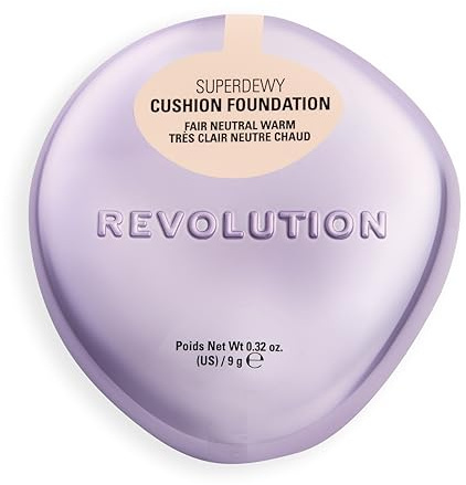 Revolution Superdewy Cushion Foundation, Sehr Hell Neutral Warm | Aufbaubare Deckkraft, Feuchtigkeitsspendend für Reife Haut, Strahlendes Finish mit Peptiden, Vegan & Tierversuchsfrei, 9g