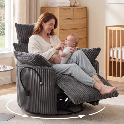 DEKKETO Cord Stillsessel Fernsehsessel mit Liegefunktion, Manuell, Grau | Fußstütze, Verstellbare Kopfstütze, Leise Drehbar, 30° Wippfunktion, Handyhalterung, 2 Große Kissen