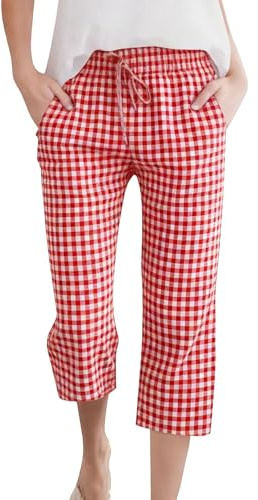Générique Pantacourt Vichy Femme à Carreaux Rouge et Blanc Bas de Pyjama Large avec Cordon de Serrage Pantalon 3/4 Décontracté pour Sortie Plage Maison Été
