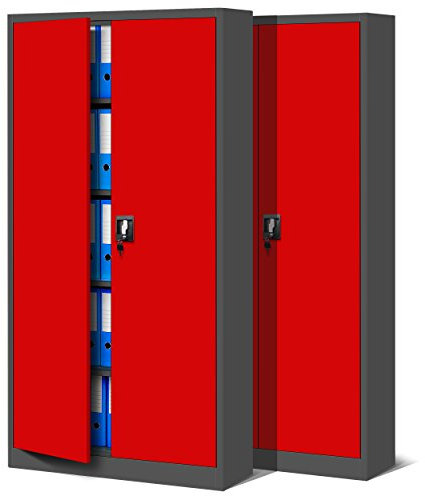 Jan Nowak 2er Set Metallschrank Jan 185 x 90 x 40 cm - Metall Aktenschrank Abschließbar mit 2 Türen, Mehrzweckschrank mit 5 Ebenen, Büroschrank aus Stahlschrank mit Pulverbeschichtung - Anthrazit-Rot