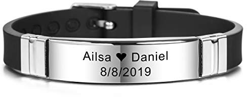 MeMeDIY 13mm Large Identification De Nom De Sport Réglable en Silicone Bracelet Personnalisé pour Homme Femme Enfant Caoutchouc en Acier Inoxydable - Gravure Personnalisée (Noir Couleur)