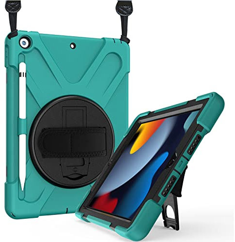 ProCase Étui Antichoc pour iPad 10.2, iPad 9, iPad 8, iPad 7, A2602 A2603 A2604 A2605 A2270 A2428 A2429 A2430 A2197 A2198 A2200, Housse Coque de Protection Renforcée, avec Bandoulière-Bleu Canard