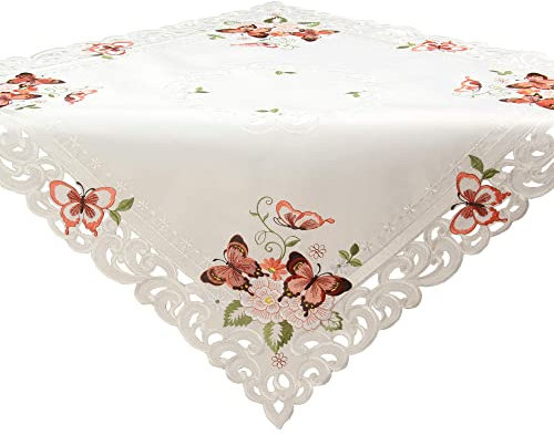 Quinnyshop Rosa Schmetterlinge Stickerei Frühling Tischdecke Mitteldecke ca. 110 x 110 cm Polyester, Weiß