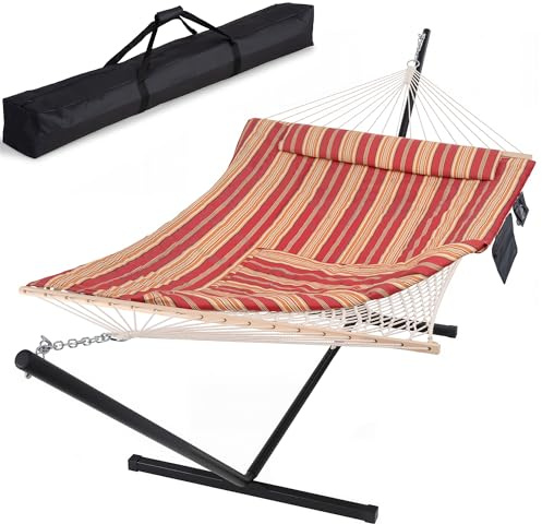 SUNCREAT Hammocks Portable Hammock with Stand, Carrying Bag, Red Stripe | Hammock with Stand 2 Person Heavy Duty for Bedroom, Backyard, Patio, Balcony