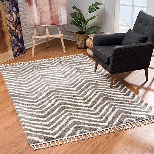 Teppich Wohnzimmer Läufer Shaggy - Grau-Creme - 80x200cm - Schlafzimmer Soft Hochflor mit Fransen Flauschig im trendigen Berber Muster - Oeko Tex 100 Standard - Allergiker geeignet