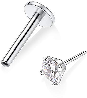 hengkaixuan Labret-Ohrstecker mit flachem Rücken 16G G23 Titan 2 mm CZ Tragus-Ohrstecker 8 mm Monroe Piercing Fadenlose Lippen Silber Helix Knorpel Ohrring Frauen Mädchen Piercing Schmuck